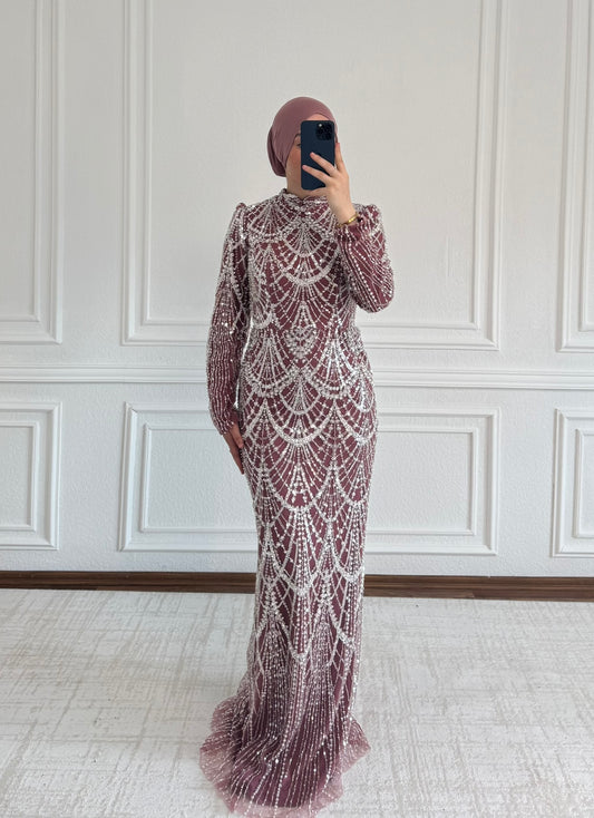 Nayla Abendkleid - Altrosa mit Perlenstrickerei